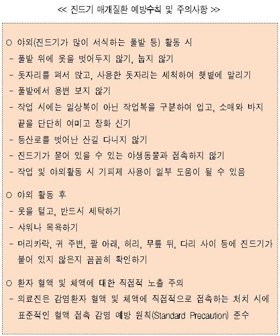 질본 "진드기가 옮기는 감염병 이렇게 예방하세요"