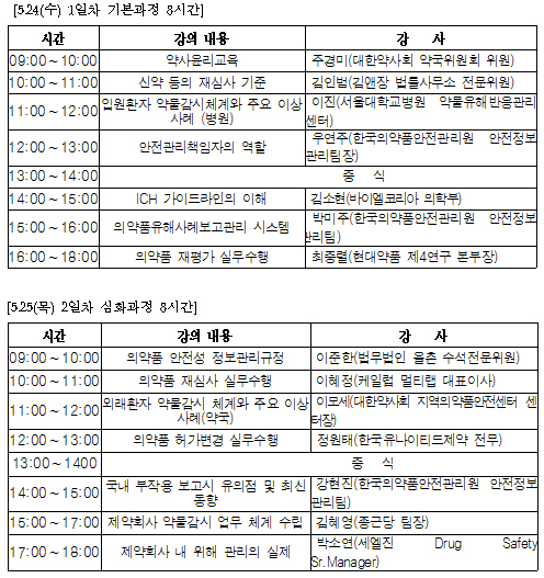 내달 24~25일 제약사 안전관리책임자 교육