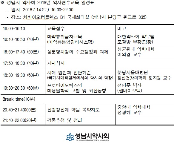 성남시약, 14일 연수교육…6시간 평점 부여