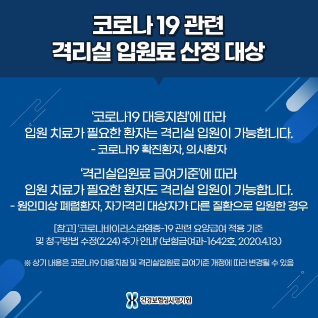 심평원, 코로나 격리실 입원료 산정법 카드뉴스 게시