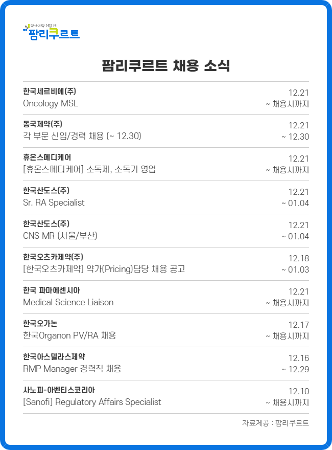 동국·산도스·오츠카 등 신입·경력직 채용